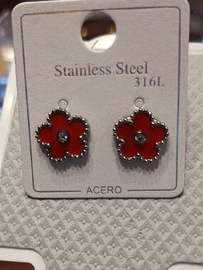 Red Flower Stainless Steel Charm Pair